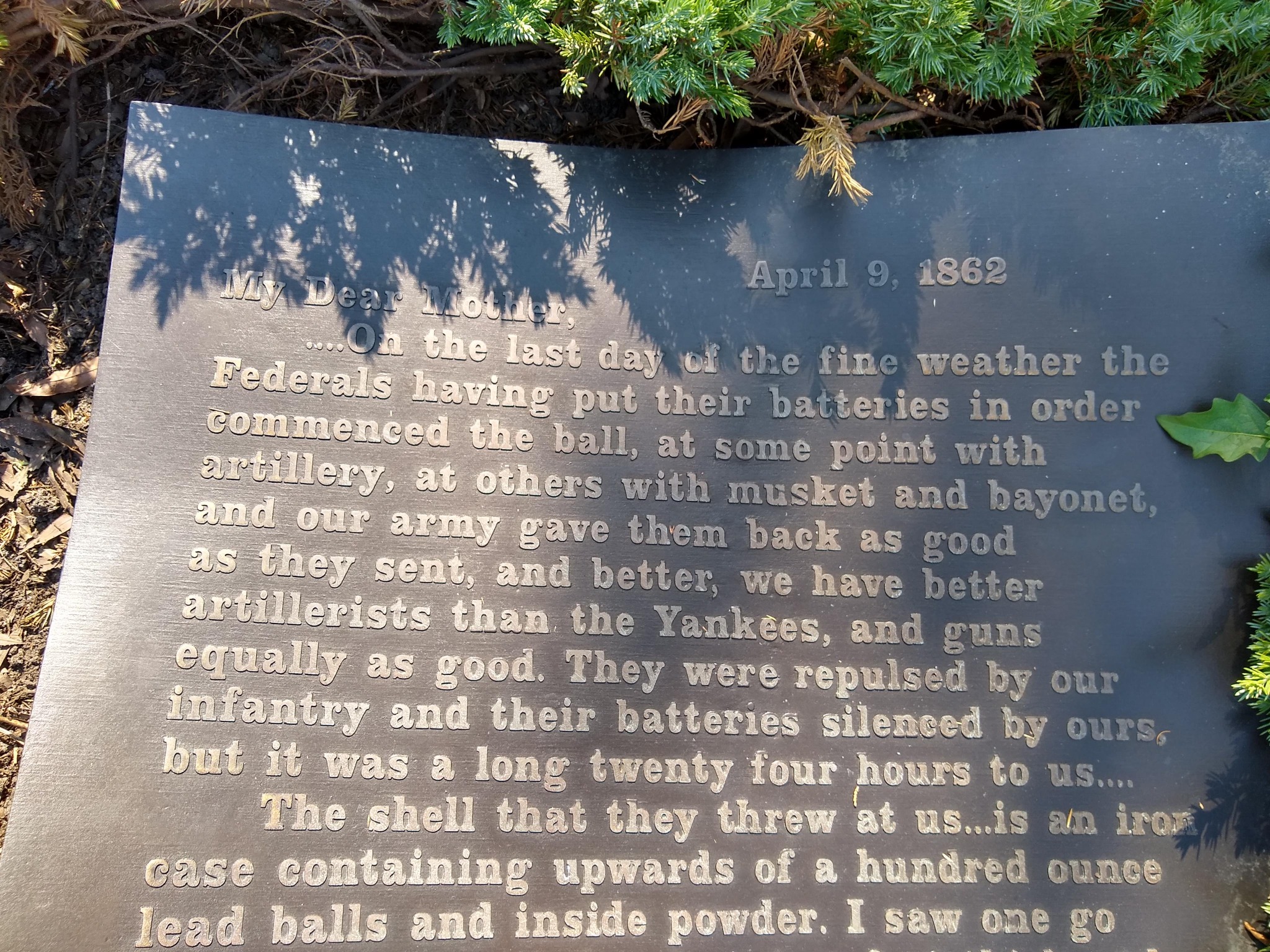 Bronze memorial letter from Robert Henry Miller, April 9, 1862