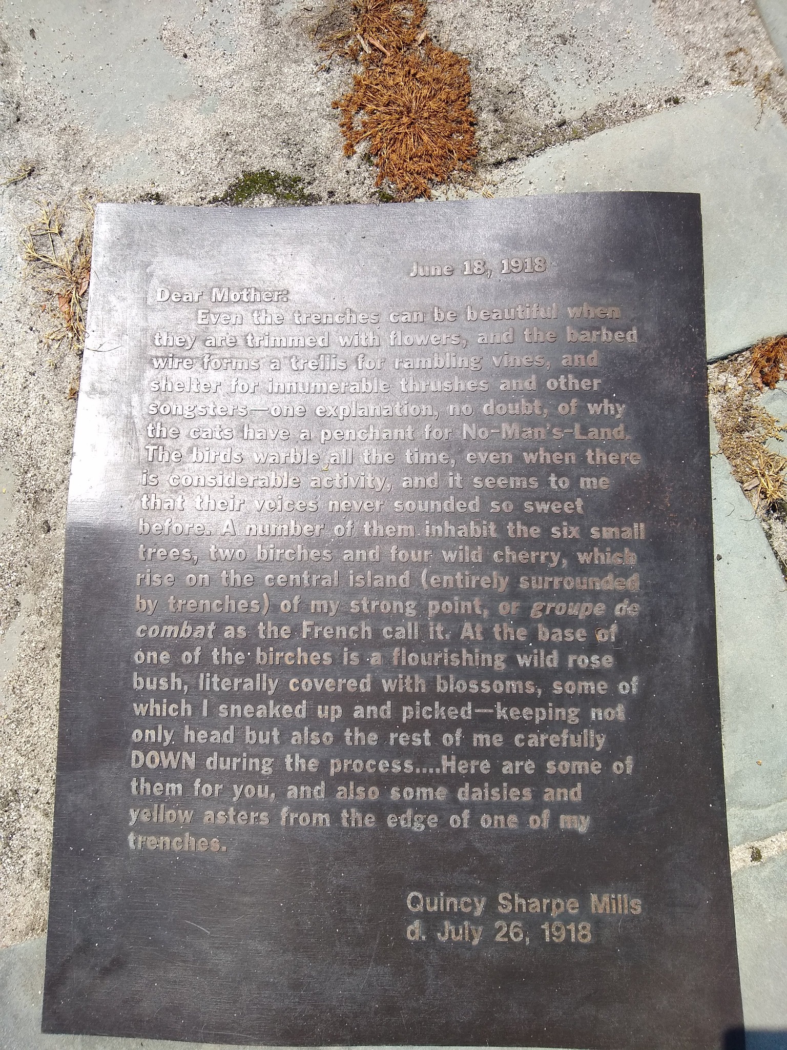 Bronze memorial letter from Quincy Sharpe Mills, June 18, 1918