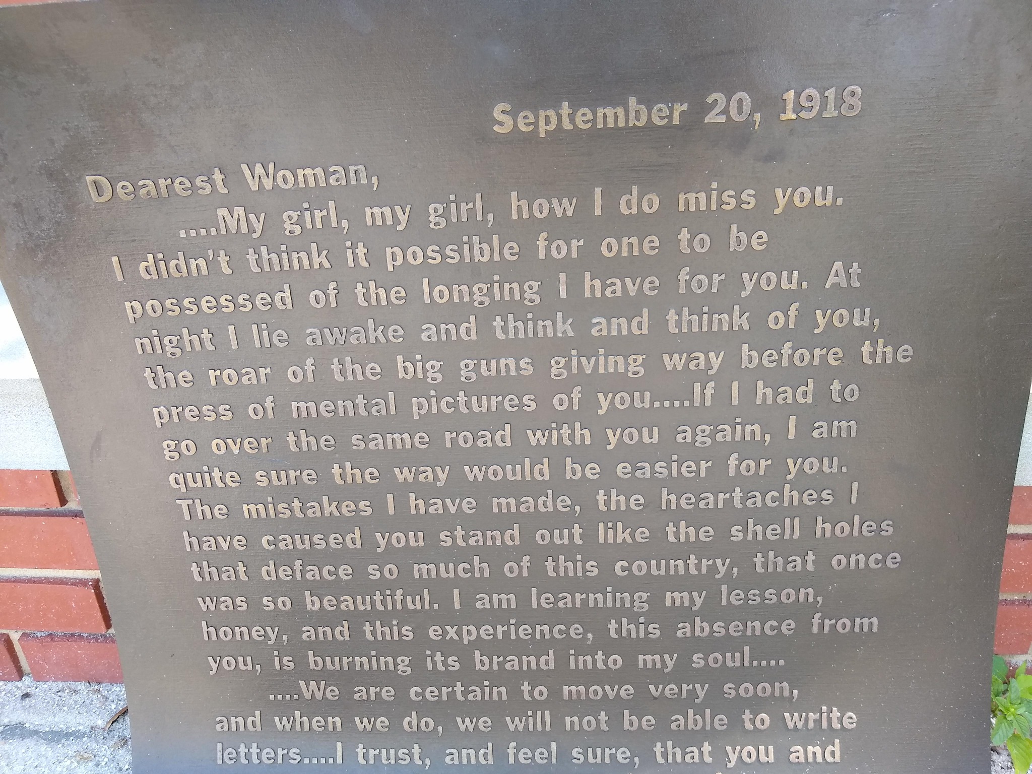 Bronze memorial letter from Francis M. Tracy, September 20, 1918